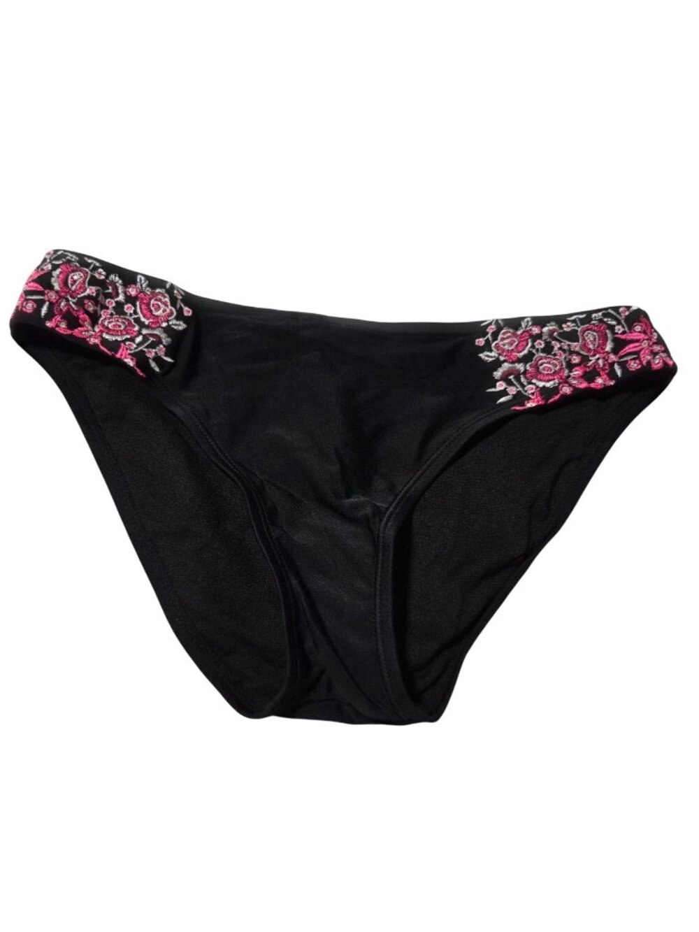 Hula Honey Bikini Bottom Size Medium Black Pink Floral Embroidery Swimwear Swim